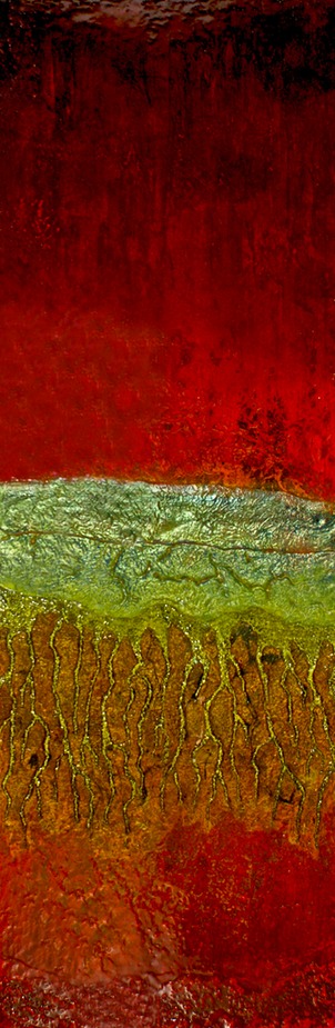 Drew Wood, Attachment, 2008, oil, color-shifting enamel, acrylic, ink writings, garnet, and synthetic resin on canvas, 24"x72"x1.5", Michael McNamee Collection