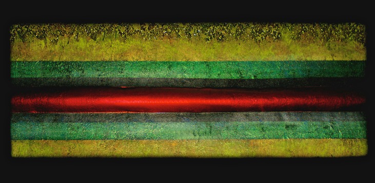 Drew Wood, Corpus Callosum, 2007, color-shifting enamel, acrylic, found steel mesh from housing gutter, pumice, garnet, and synthetic resin on canvas, 84"x36"x2", nfs