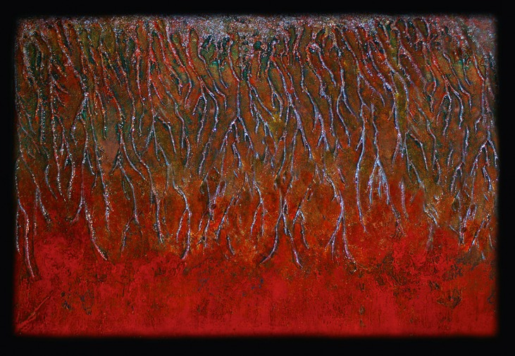 Drew Wood, Dendritic Tree, 2007, color-shifting and thermal reactive enamel, acrylic, Papaver somniferum seeds, and synthetic resin on canvas, 48"x36"x1.5", nfs
