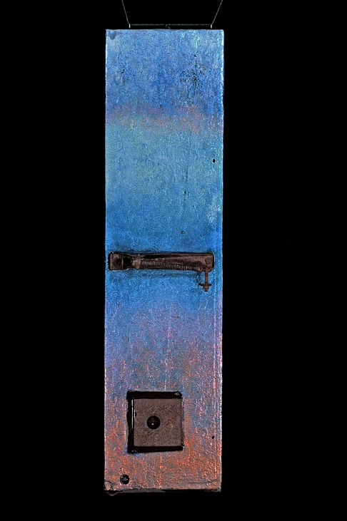 Drew Wood, Drudgery, 2005, enamel, acrylic, pumice, and synthetic resin on a found wooden bench from horse drawn carriage from Missouri farm, 11"x44"x1", Lydia Hao Collection