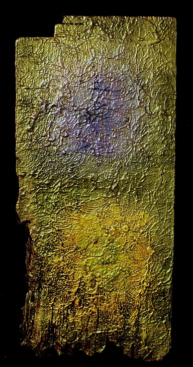 Drew Wood, Ekelhaft #2 (nauseously loathsome), 2007, color-shifting enamel, acrylic, and synthetic resin on found wood from Missouri farm, 14"x33"x1.5", Lydia Hao Collection