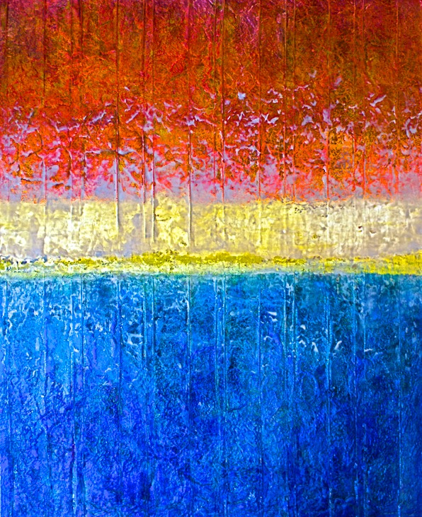 Drew Wood, Father, 2011, color-shifting and thermal reactive enamel, acrylic, pumice, monofilament fishing line, and synthetic resin on canvas, 48"x60"x1.5"