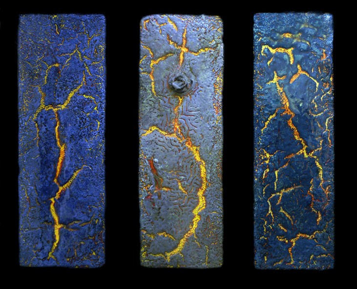 Drew Wood, Fractured I, II, III, 2006, enamel, acrylic, encaustic, and synthetic resin on canvas, 30"x19"x1" (tryptch), Carl Swartz Collection
