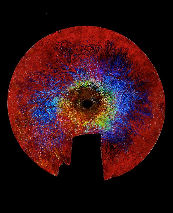 Drew Wood, Insomnia 1, 2005, color-shifting enamel, acrylic, and synthetic resin on a found concave iron plow disc from a Missouri farm, radius 8", Lydia Hao Collection