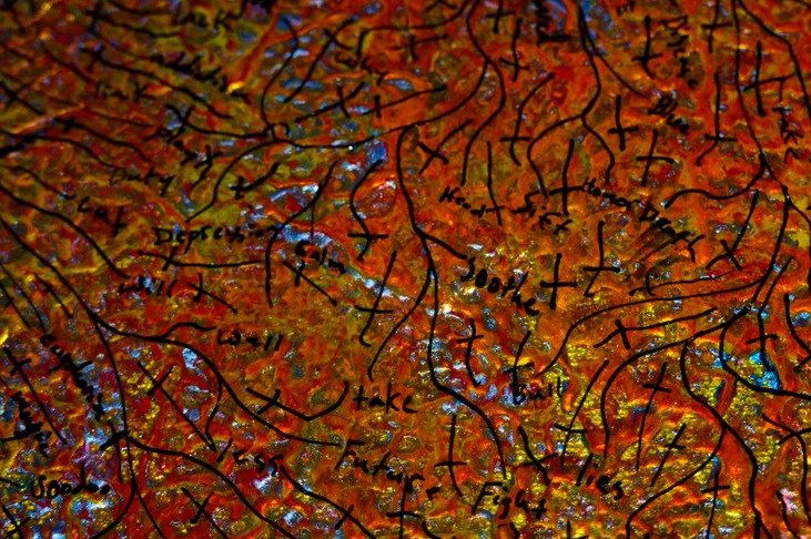 Drew Wood, Intravenous (detail), 2009, enamel, acrylic, india ink writings, and synthetic resin on linen, 12"x24"x2"