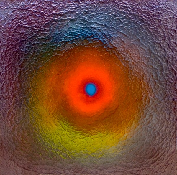 Drew Wood, Retinal Halo 4, 2011, oil, color-shifting and thermal reactive enamel, acrylic, and synthetic resin on canvas, 24"x24"x1.5", nfs