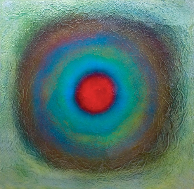 Drew Wood, Retinal Halo 5, 2011, color-shifting and thermal reactive enamel, acrylic, and synthetic resin on canvas, 48"x48"x1.5", nfs
