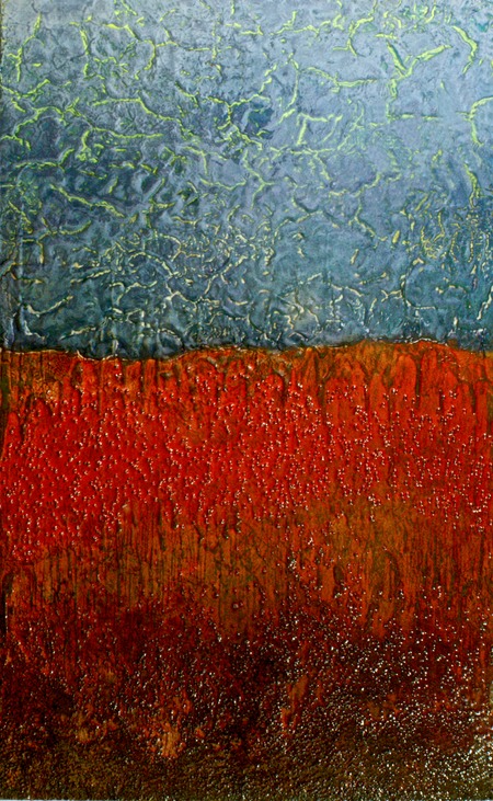 Drew Wood, Samsara, 2008, oil, color-shifting enamel, acrylic, artist's personal rosewood prayer beads, and synthetic resin on canvas, 30"x48"x1.5", nfs