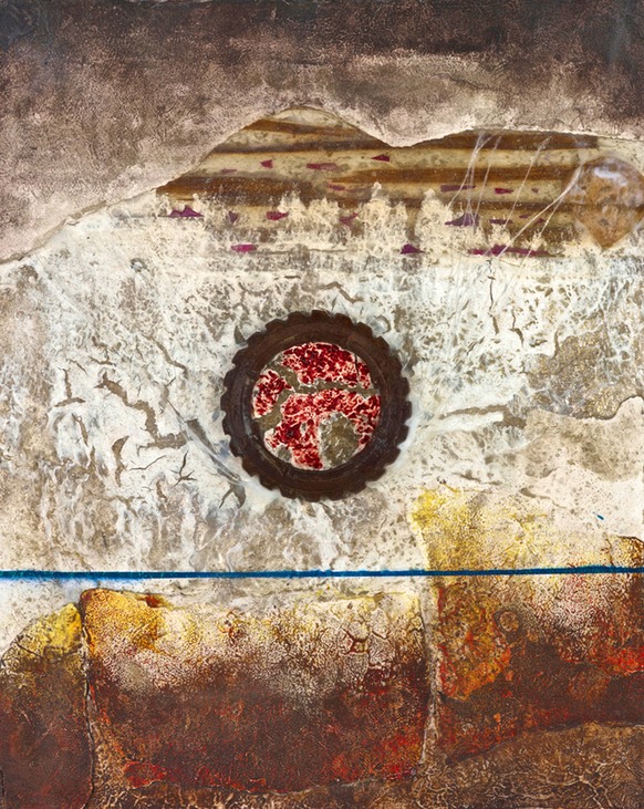 Drew Wood, Structural Nerve #1, 2009, color-shifting and thermal reactive enamel, acrylic, 300lb cold press paper, Papaver somniferum petal, monofilament fishing line, artist's blood, found wood, slivers of dl dvdr, found iron gear wheel from Missouri farm, and synthetic resin on canvas, 24"x30"x1", nfs