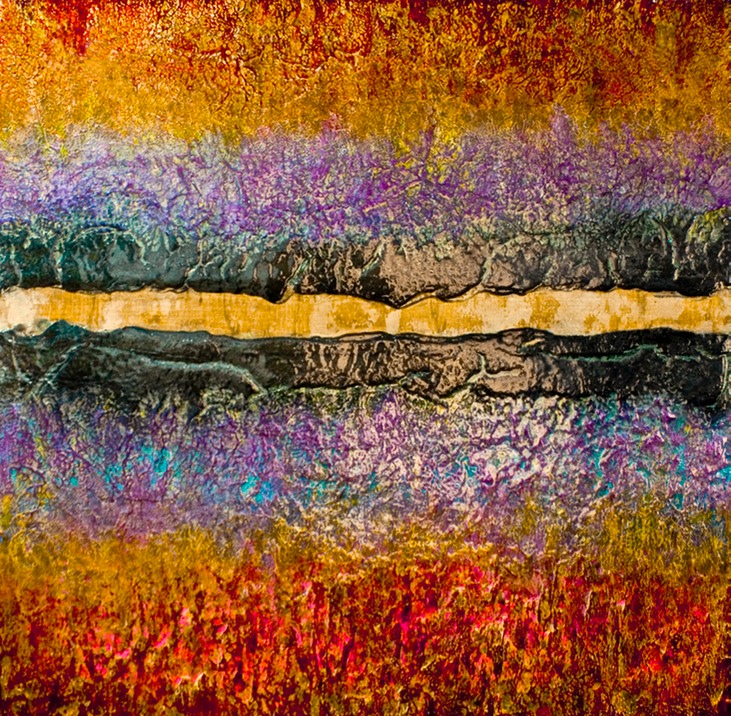 Drew Wood, The Four Sights, 2008, oil, color-shifting enamel, acrylic, encaustic, gold wire, pumice, garnet, and synthetic resin on wood, 48"x48'x2", nfs