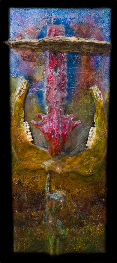 Drew Wood, The Road Less Traveled, 2006, color-shifting enamel, acrylic, encaustic, found driftwood, reflective tape, bovine jawbone and teeth, plaster plevis, skull, and hand, United Kingdom coin, copper, pumice, garnet, phorsphorus, and synthetic resin on canvas, 14.5"x42"x3"