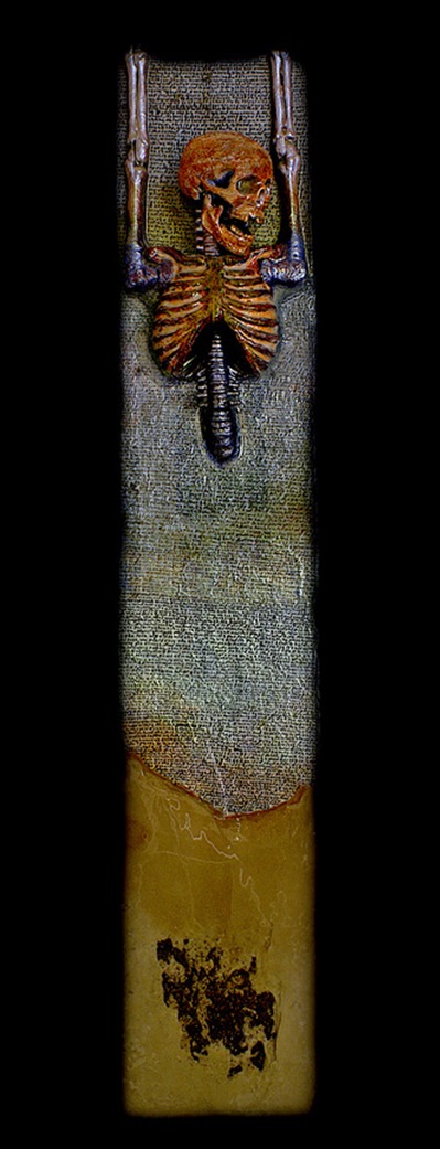 Drew Wood, Tomorrow Never Knows, 2006, color-shifting enamel, acrylic, ink writings, pumice, garnet, and synthetic resin on found wood, 11"x59"x2"