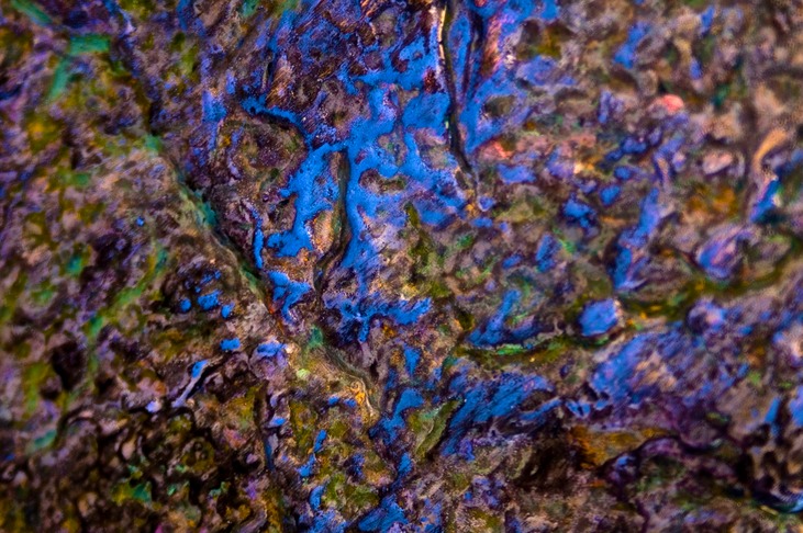 Drew Wood, Untitled #225 (detail), 2010, color-shifting and thermal reactive enamel, acrylic, and synthetic resin on canvas, 36"x48"x1", Matthew Klayman Collection